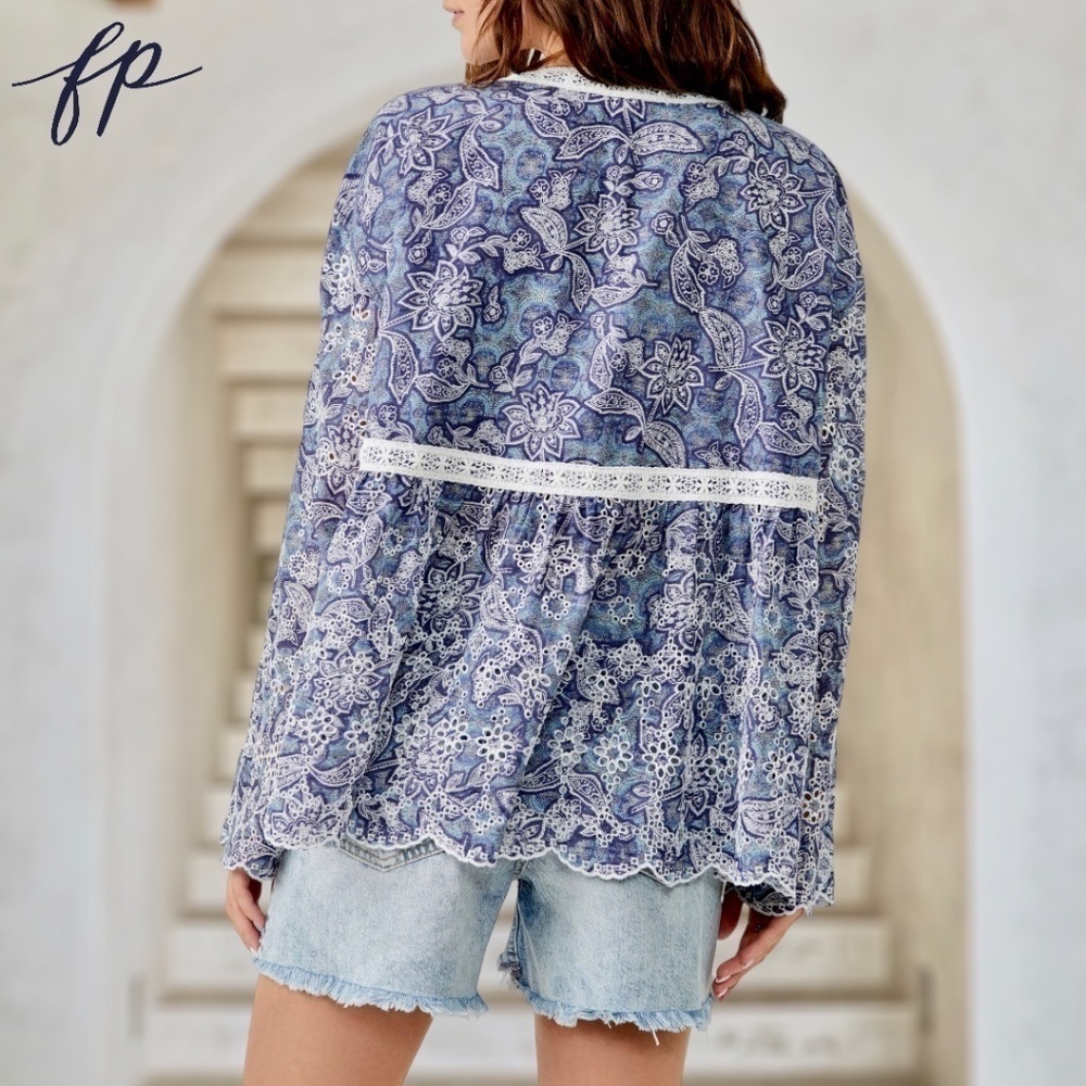 FREE PEOPLE NWT Anissa Floral-Print Eyelet/Embroidered Tie-Front Bed Jacket/Lg - Picture 7 of 14